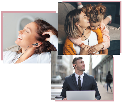 Collage of images where people are enjoying listening to music with FINGERS SoundEliite Wired Earphones